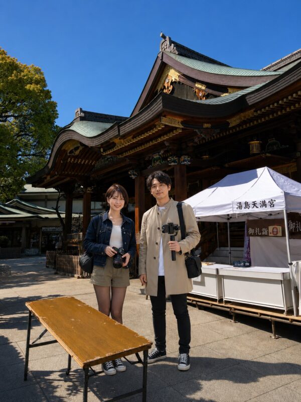 チーコと蒼井の参拝ストーリー 湯島天満宮、拝殿前