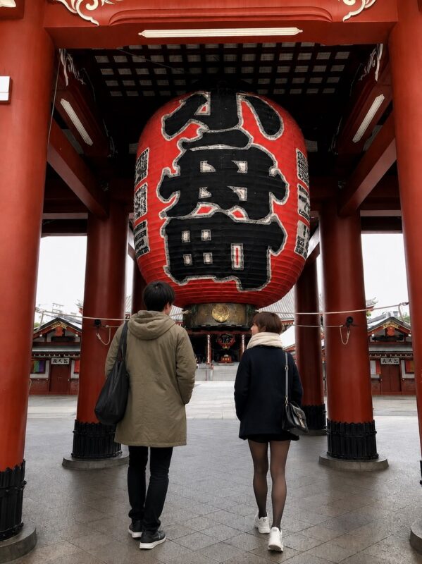 チーコと蒼井浅草寺宝蔵門（冬）