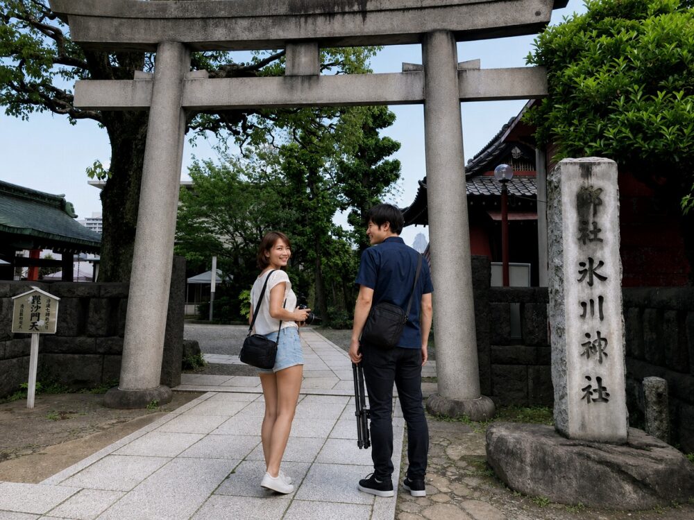 麻布氷川神社、鳥居前、チーコと青井