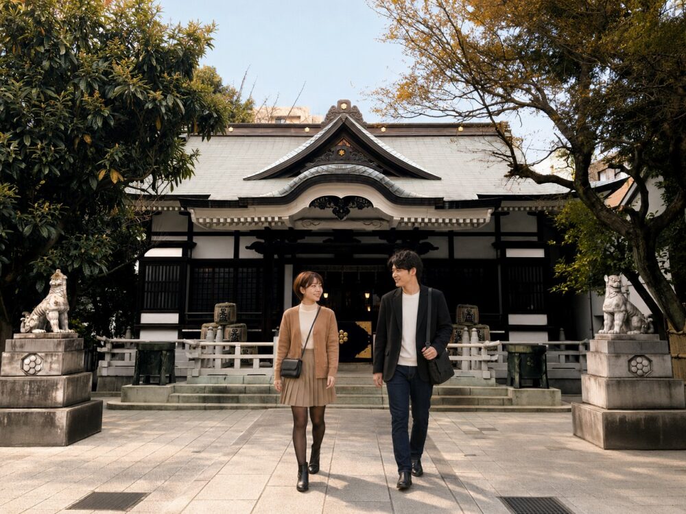 鳥越神社、拝殿参道にて、プライベートのちーこと蒼井